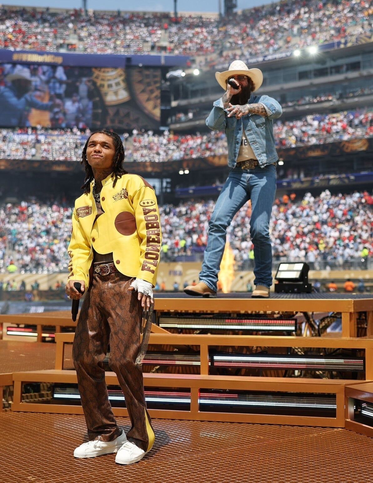 Swae Lee performing at the 2026 FIFA World Cup in Hashim Samiru's custom Flower Boy leather jacket